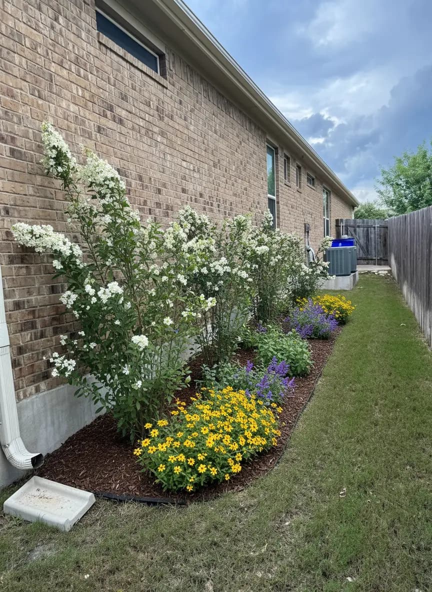 A front yard replanted with native plants in a Patch Vision preview (Apache Plume, Heartleaf Skullcap, Plains Zinnia +1)