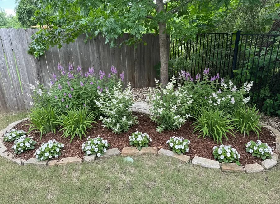 A front yard replanted with native plants in a Garden Planner preview (New Jersey-tea, Heavy Sedge, American Germander +3)