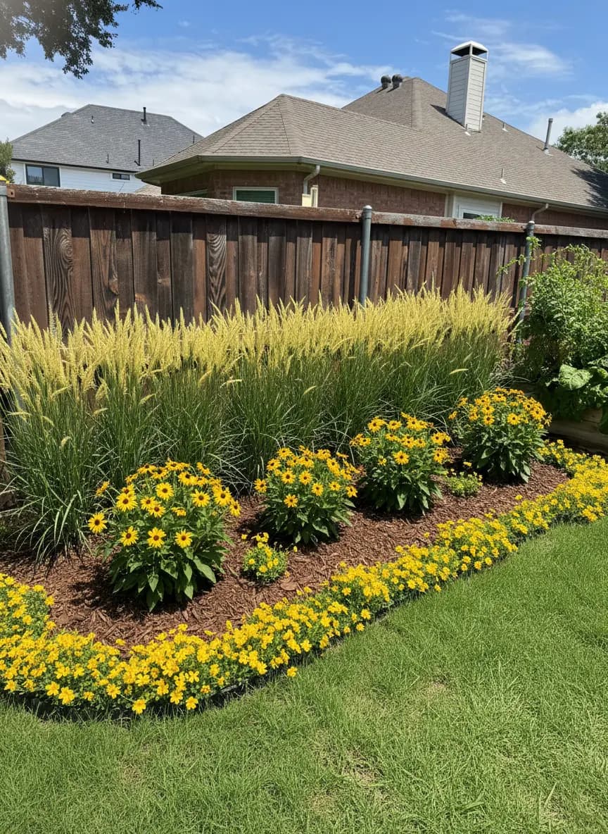 A front yard replanted with native plants in a Patch Vision preview (Western Wheat Grass, Wood Grass, Showy Goldeneye +3)