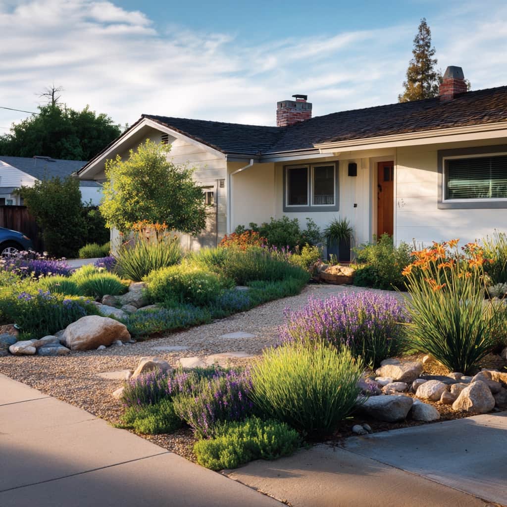 A suburban front yard with the lawn replaced by a water-wise native planting bed of flowering perennials, ornamental grasses, gravel pathways, and boulders