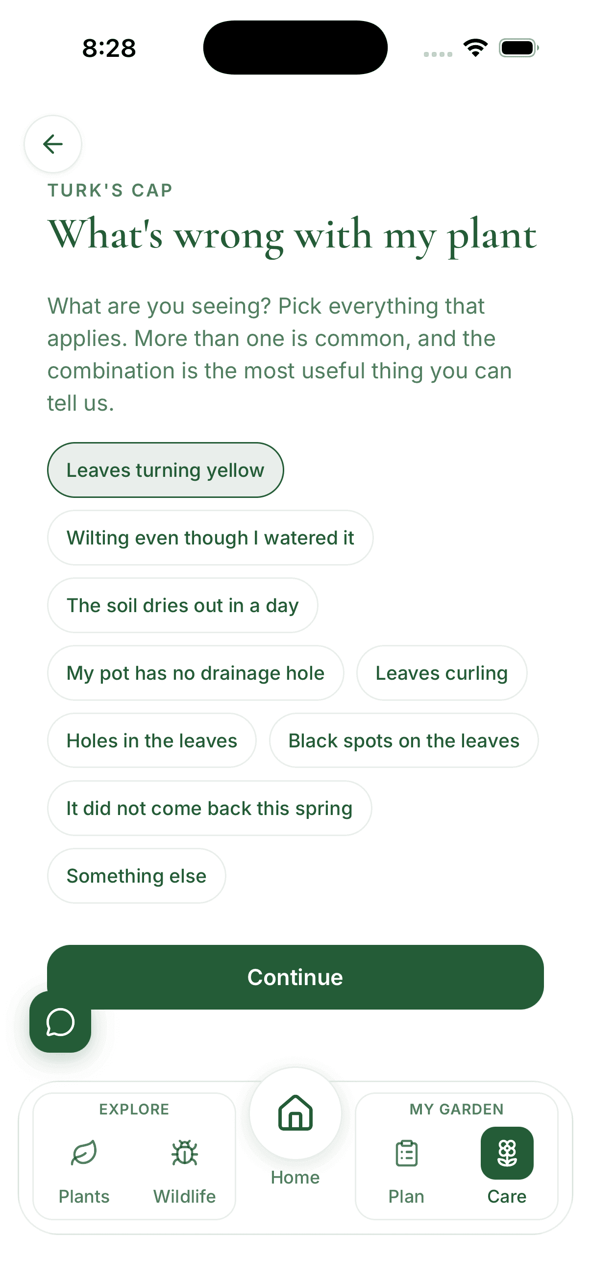 Pollinator Patch troubleshooting screen asking what looks wrong with a Turk's Cap, with symptom options like leaves turning yellow and wilting