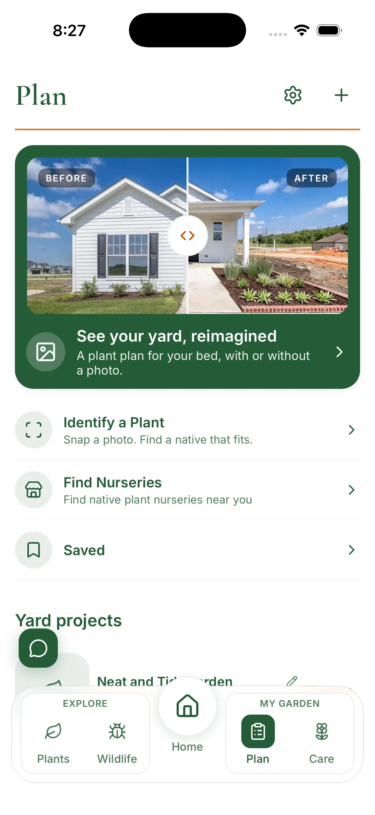 Plan tab showing a before and after front yard rendering above shortcuts to identify a plant and find nurseries