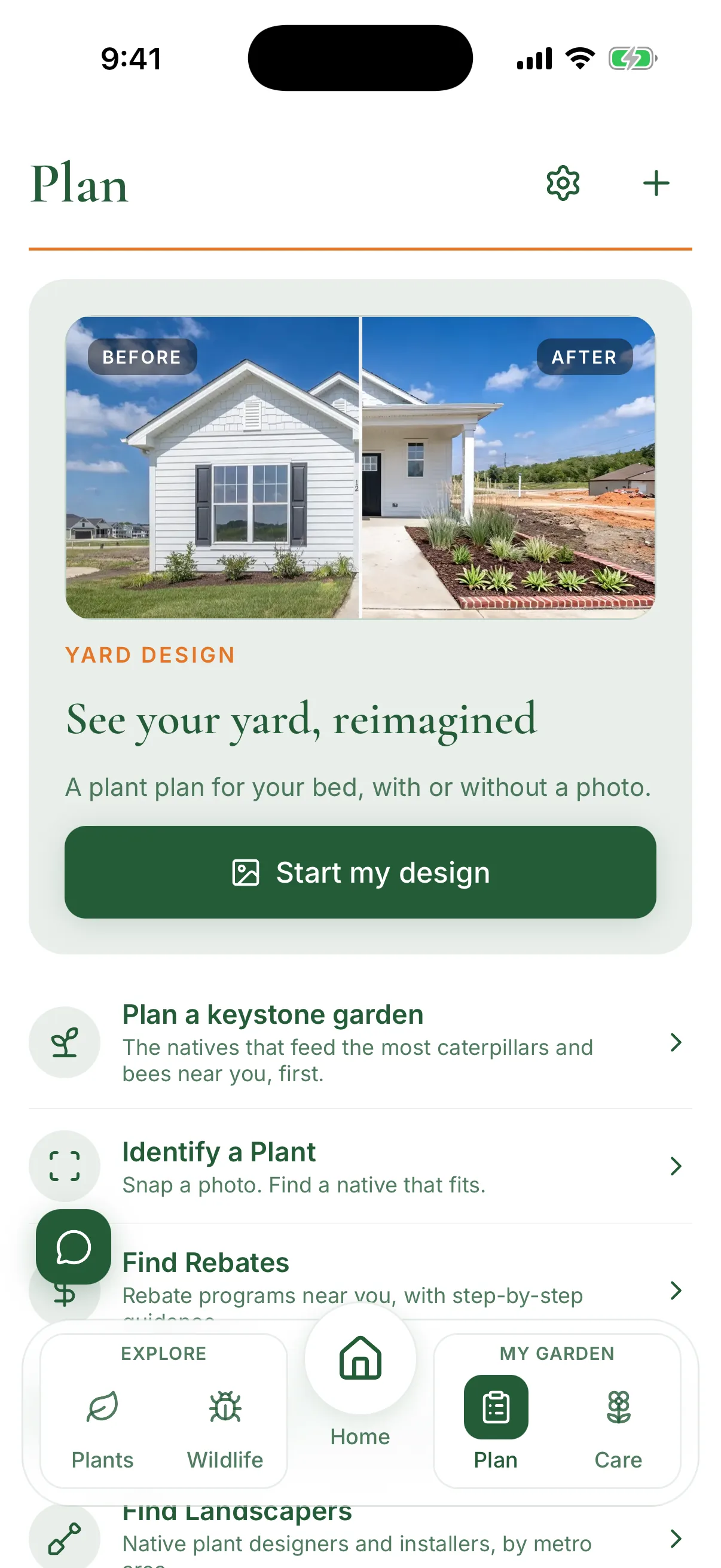 Plan tab showing a before and after front yard rendering above shortcuts to identify a plant and find nurseries