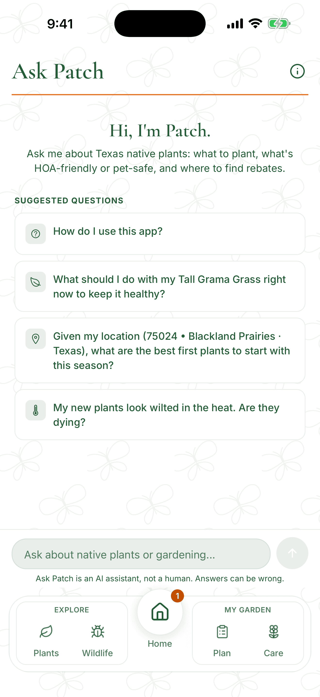 The Ask Patch chat in Pollinator Patch answering a native plant question