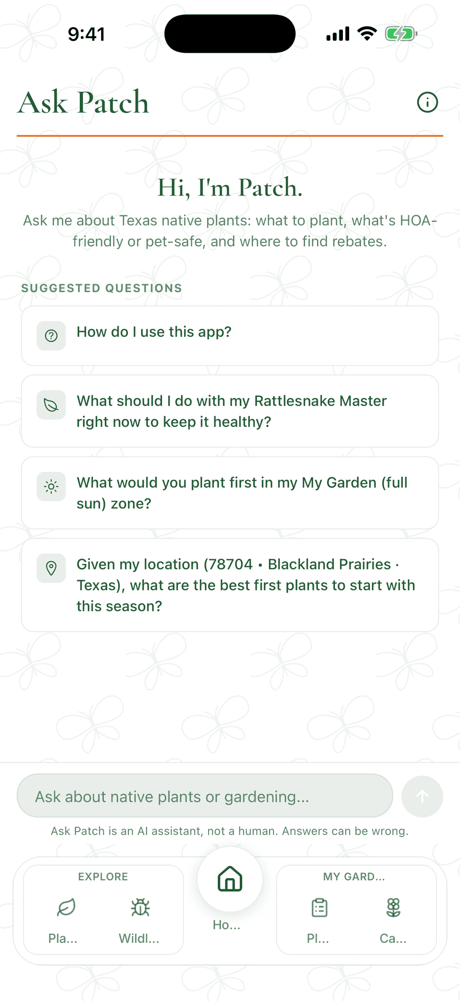 The Ask Patch chat in Pollinator Patch answering a native plant question