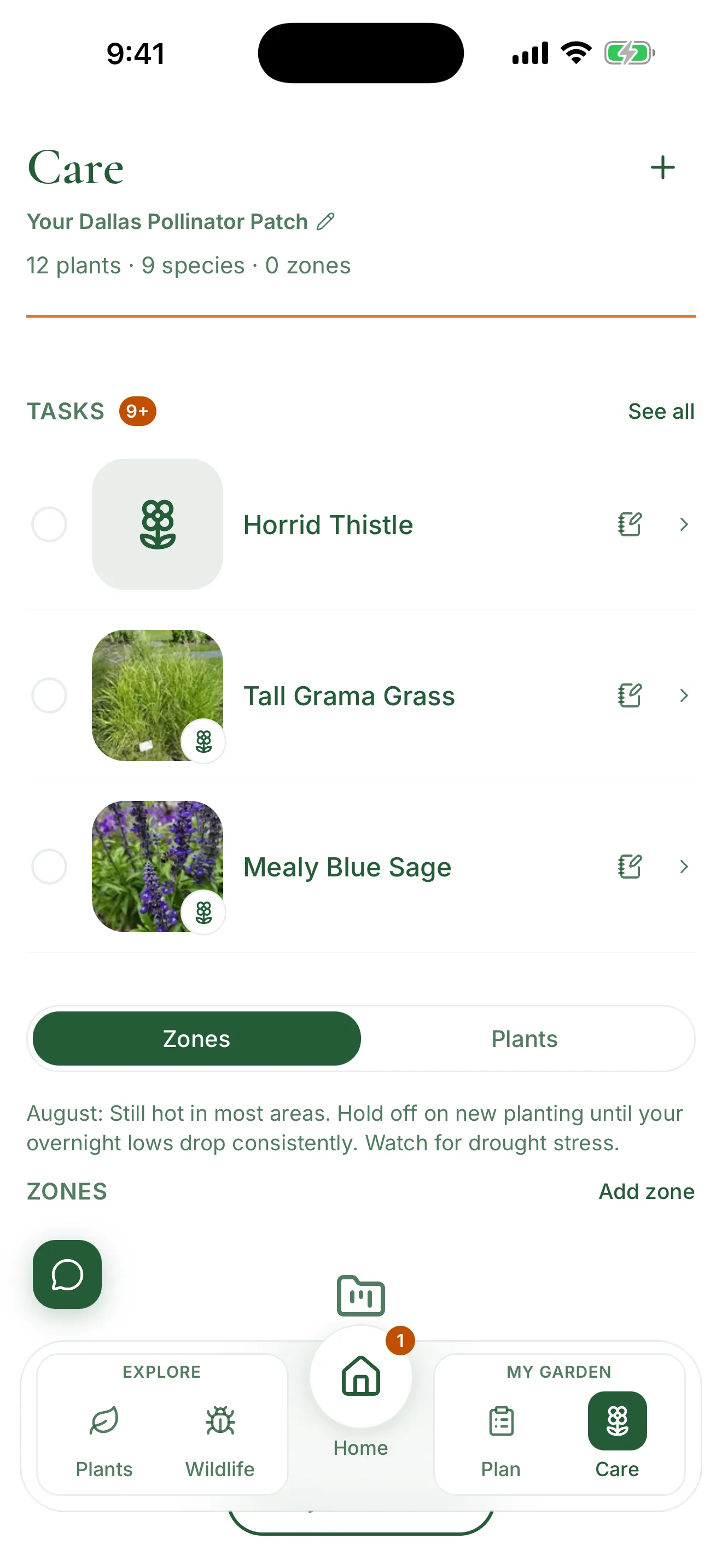 Care tab listing today's watering tasks for each plant in a Texas garden, with seasonal advice below