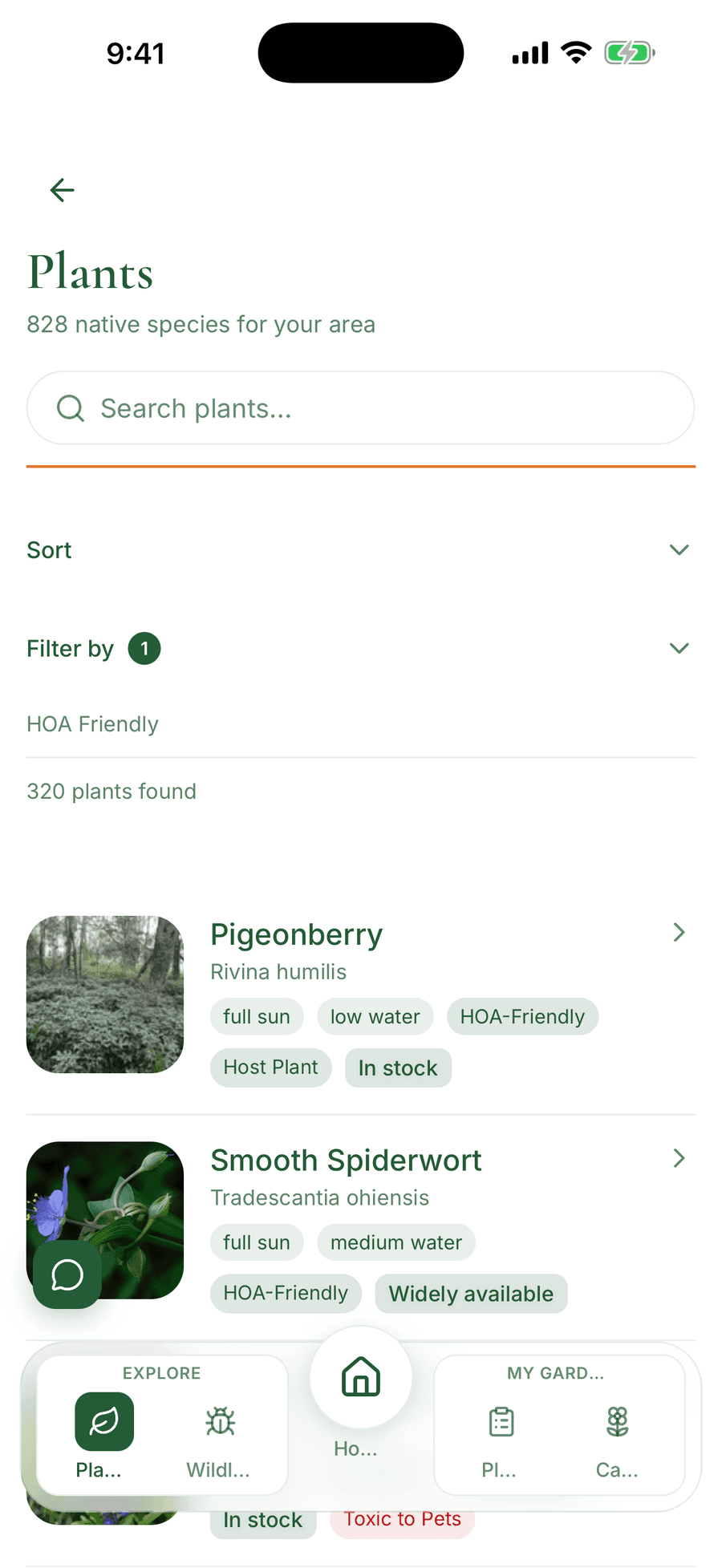 The Explore tab in Pollinator Patch showing a list of native plants