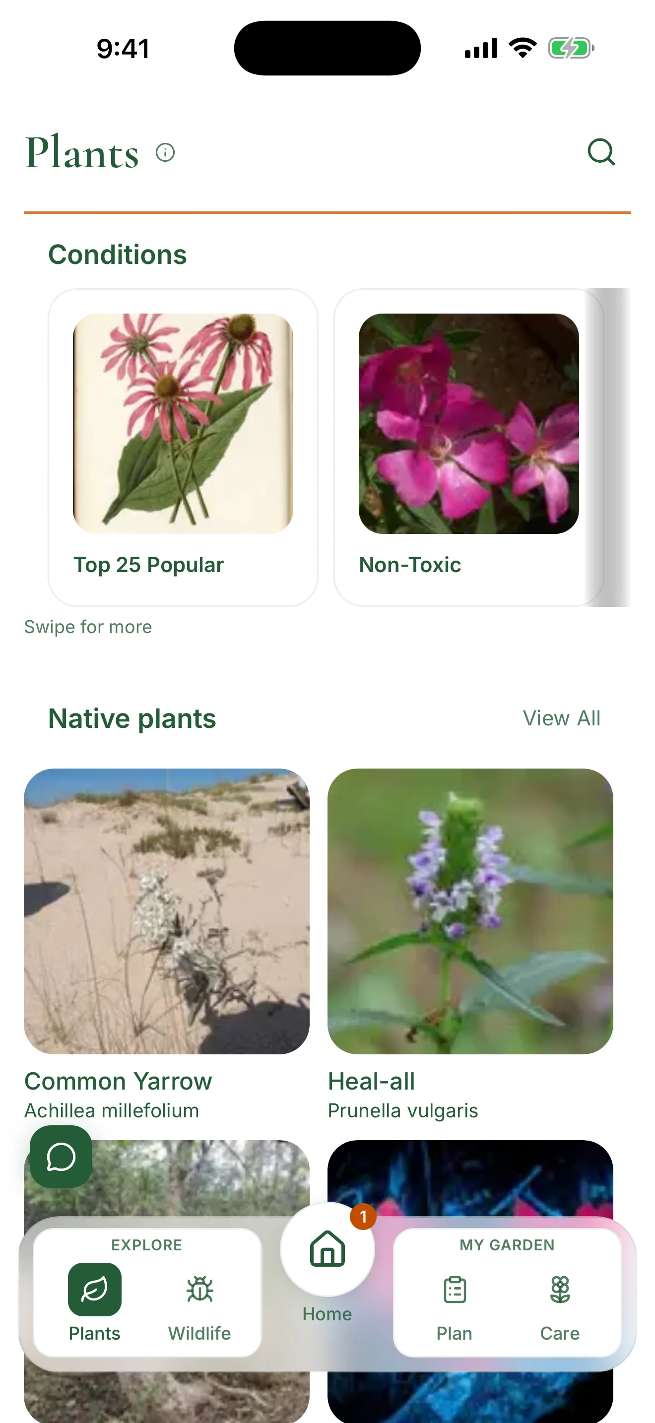 The Explore tab in Pollinator Patch showing a list of native plants