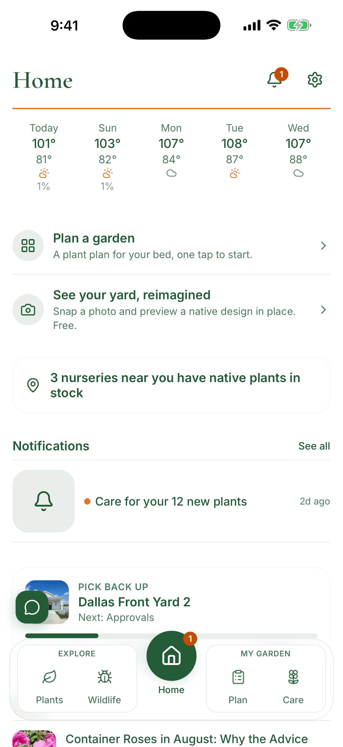 The Home tab in Pollinator Patch showing a local forecast and garden tasks