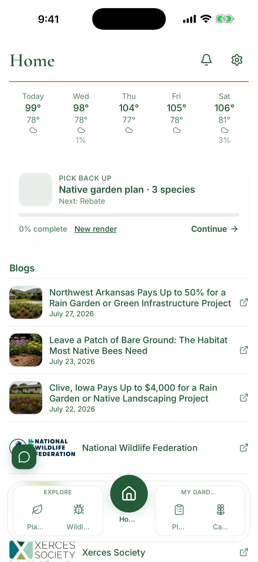 The Home tab in Pollinator Patch showing a local forecast and garden tasks