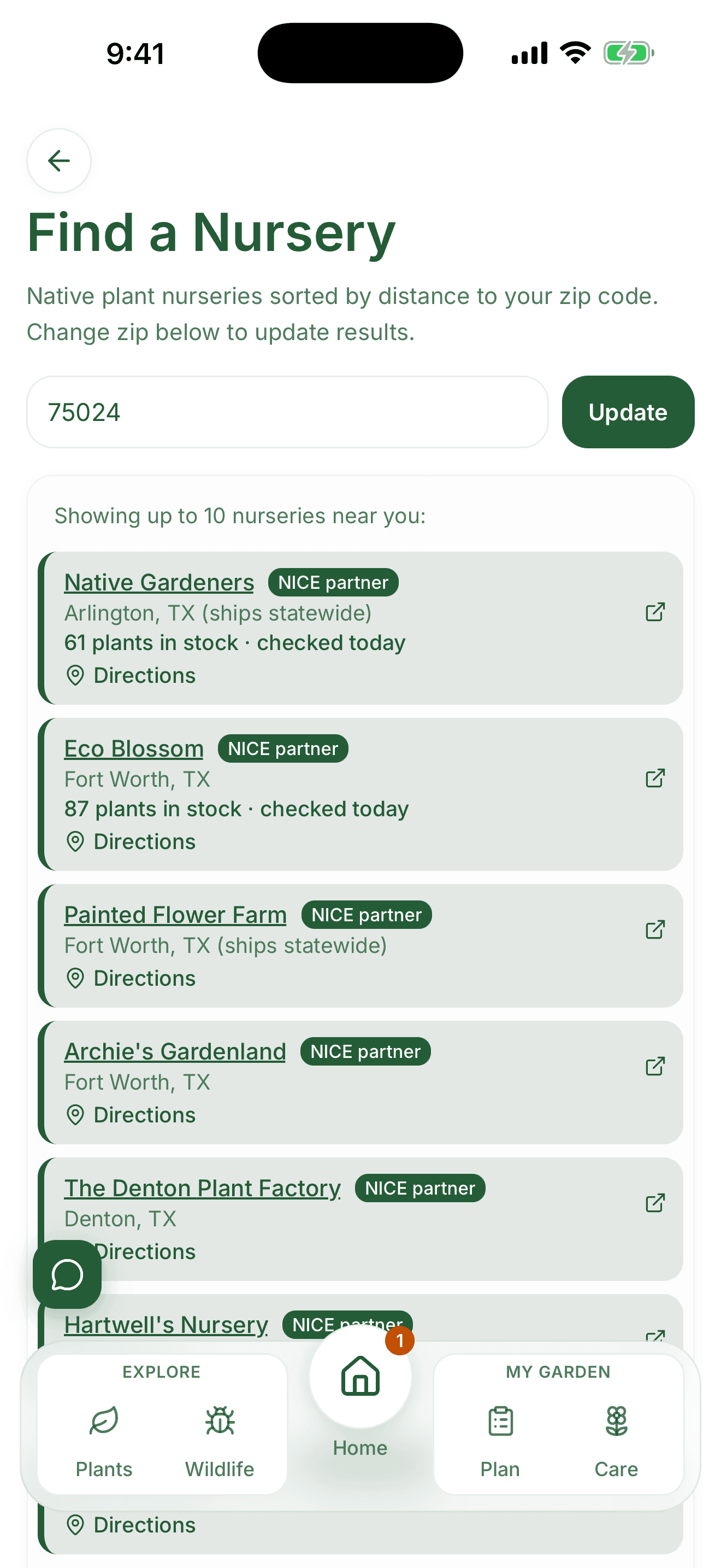 The Find a Nursery screen in Pollinator Patch listing native plant nurseries sorted by distance with live stock counts