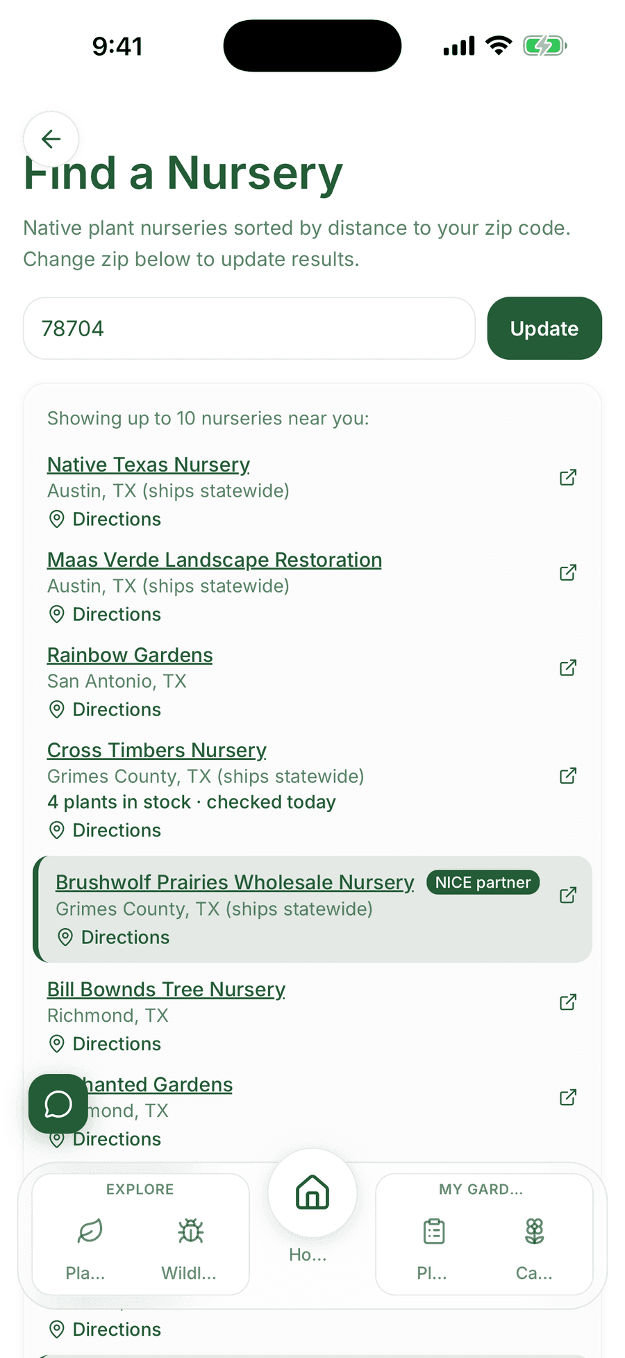 The Find a Nursery screen in Pollinator Patch listing native plant nurseries sorted by distance with live stock counts