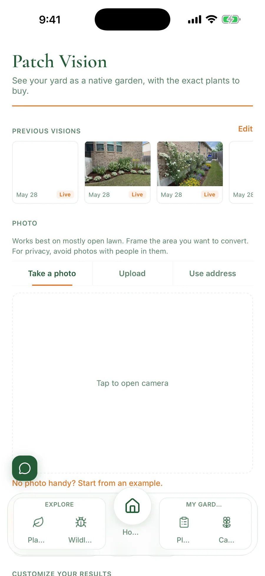 Patch Vision in Pollinator Patch showing a yard photo and a native garden rendering
