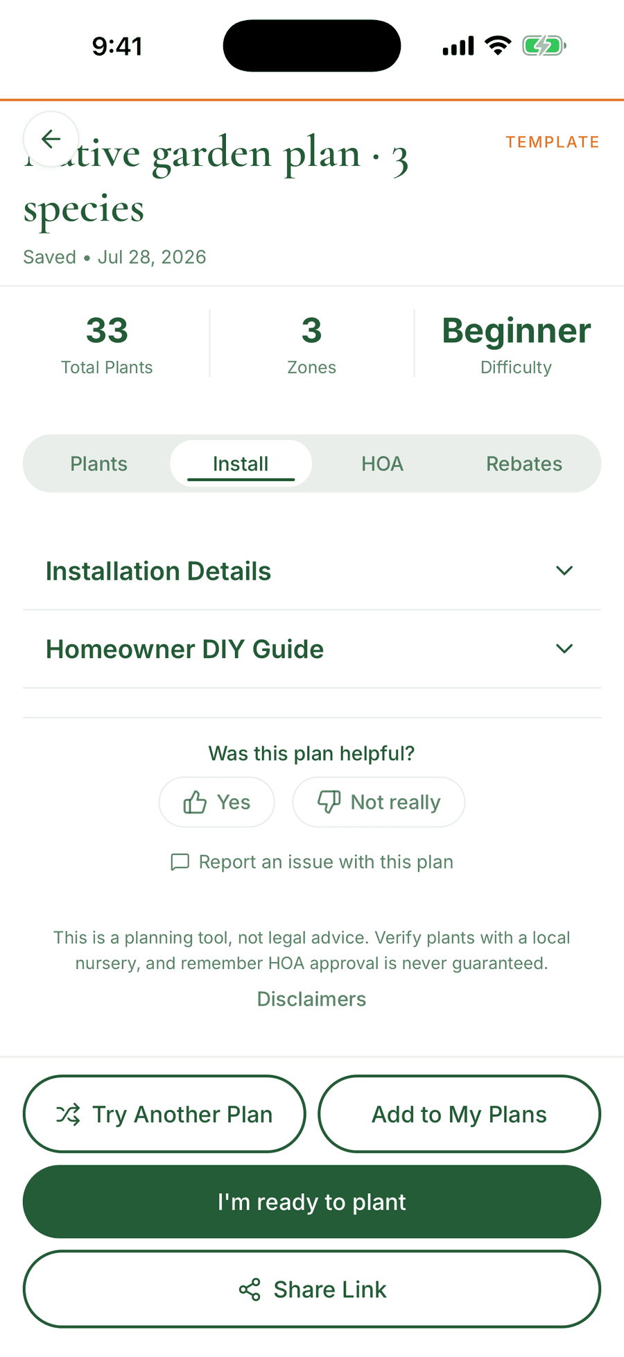 The Install tab of a Pollinator Patch plan showing Installation Details and Homeowner DIY Guide