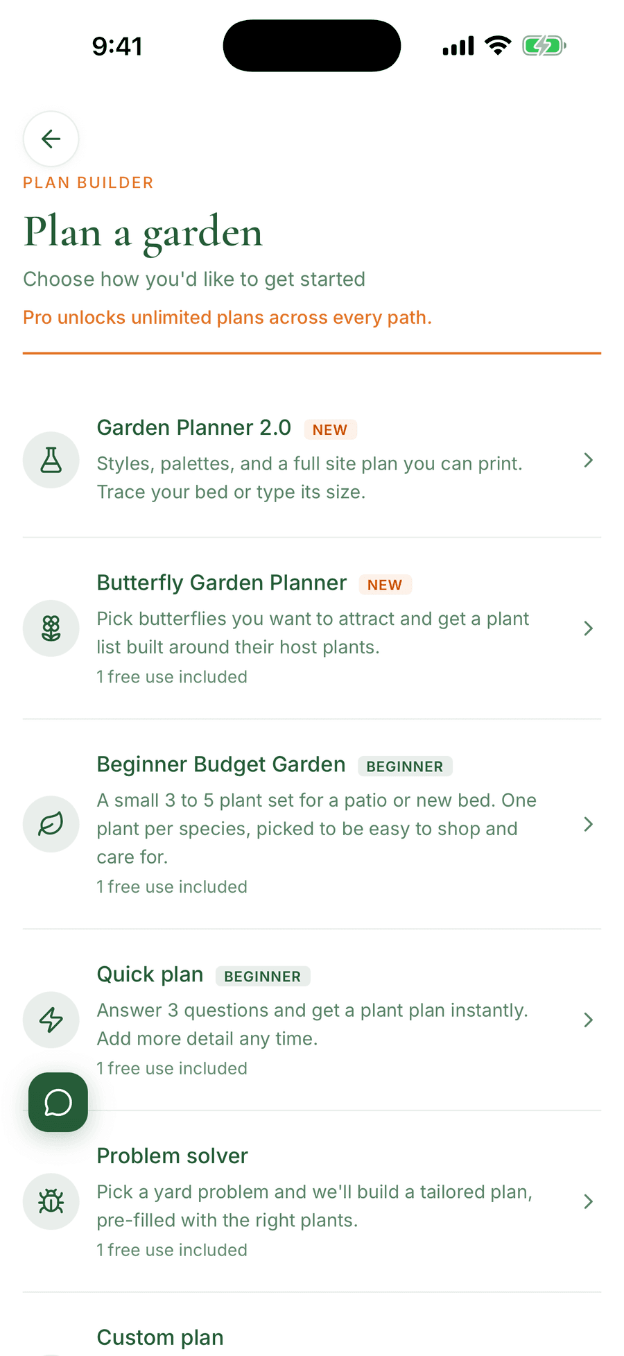 The Garden Planner in Pollinator Patch showing the available planning paths