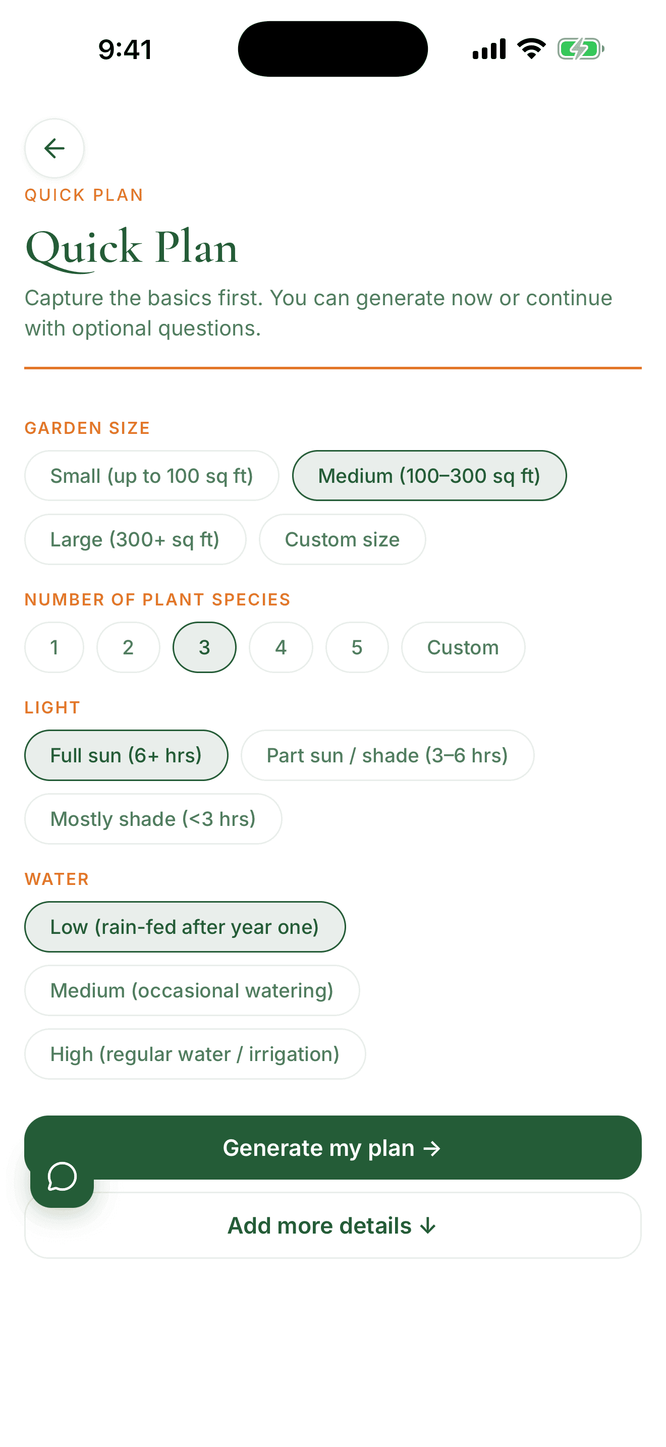 The Quick plan step in Pollinator Patch asking for bed size, sun, and water