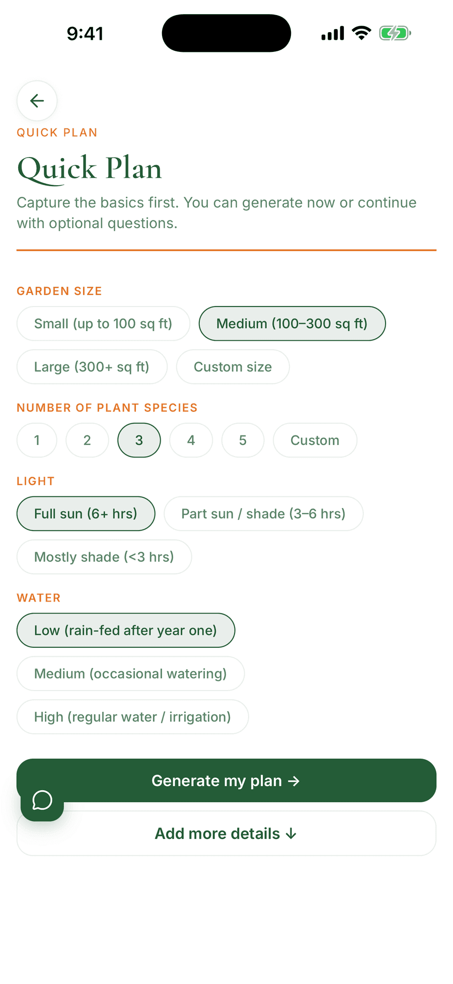 The Quick plan step in Pollinator Patch asking for bed size, sun, and water