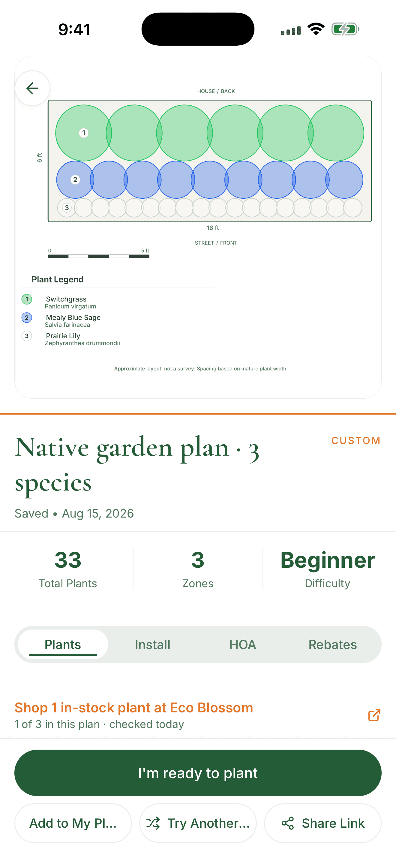 A garden plan in Pollinator Patch showing a scaled bed layout, a plant legend, and the Plants, Install, HOA, and Rebates tabs