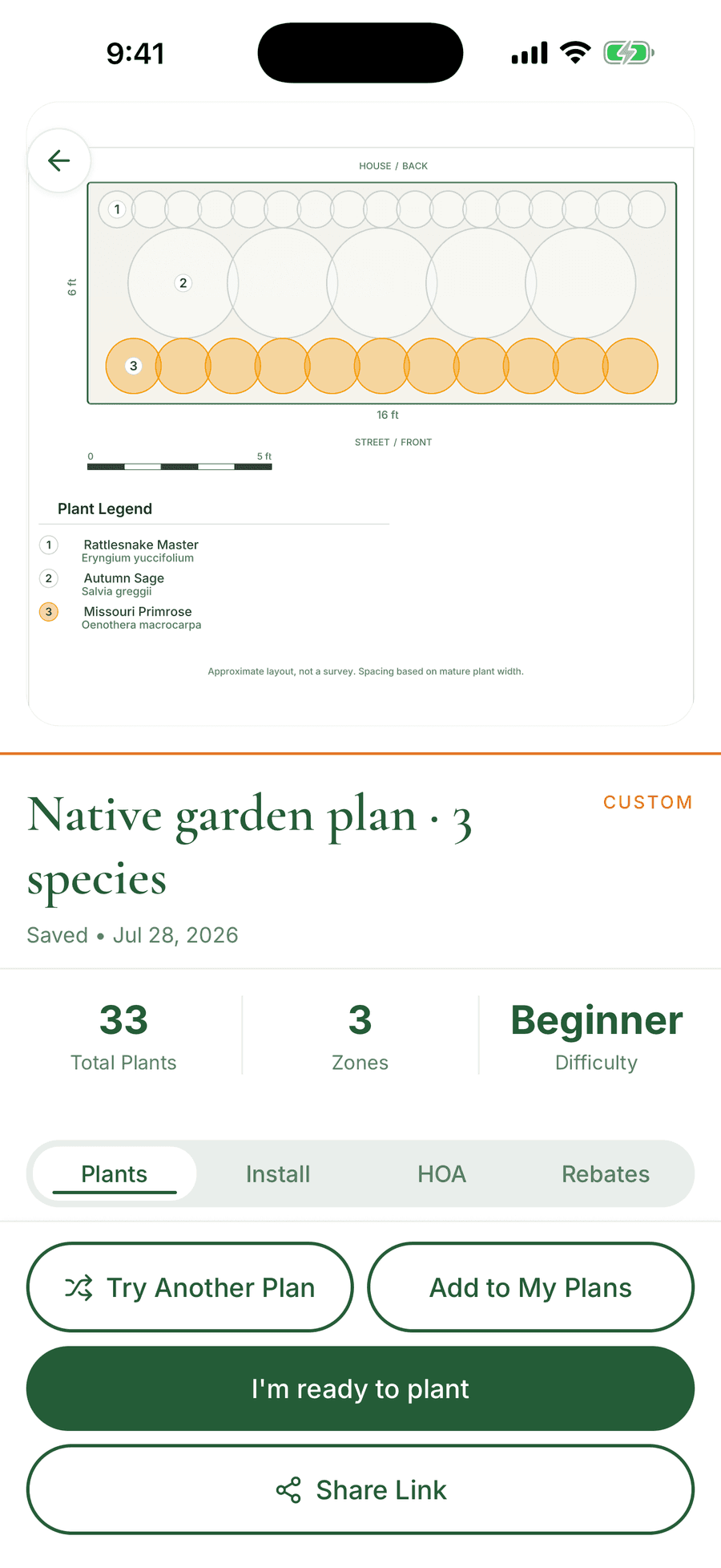 A garden plan in Pollinator Patch showing a scaled bed layout, a plant legend, and the Plants, Install, HOA, and Rebates tabs